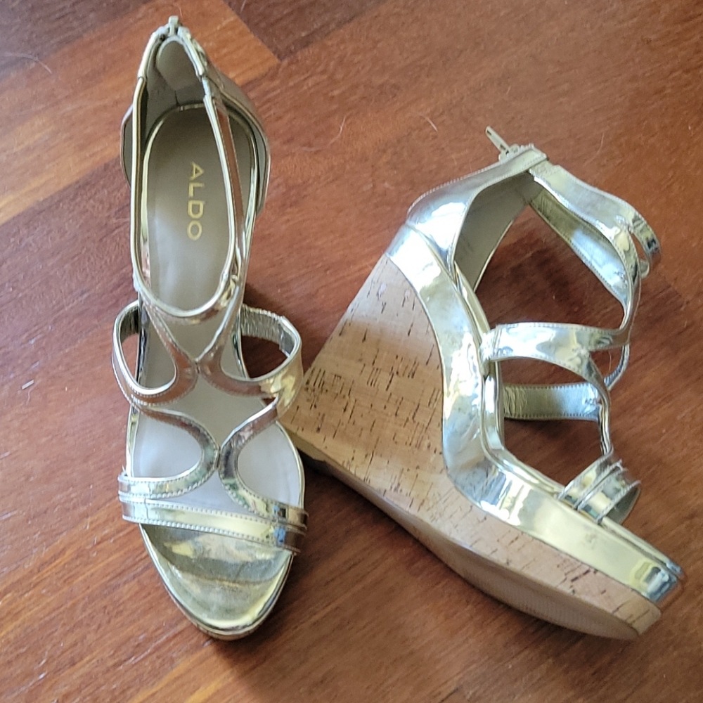ALDO Gold Wedge Sandals - Metallic Strappy Women's Shoes